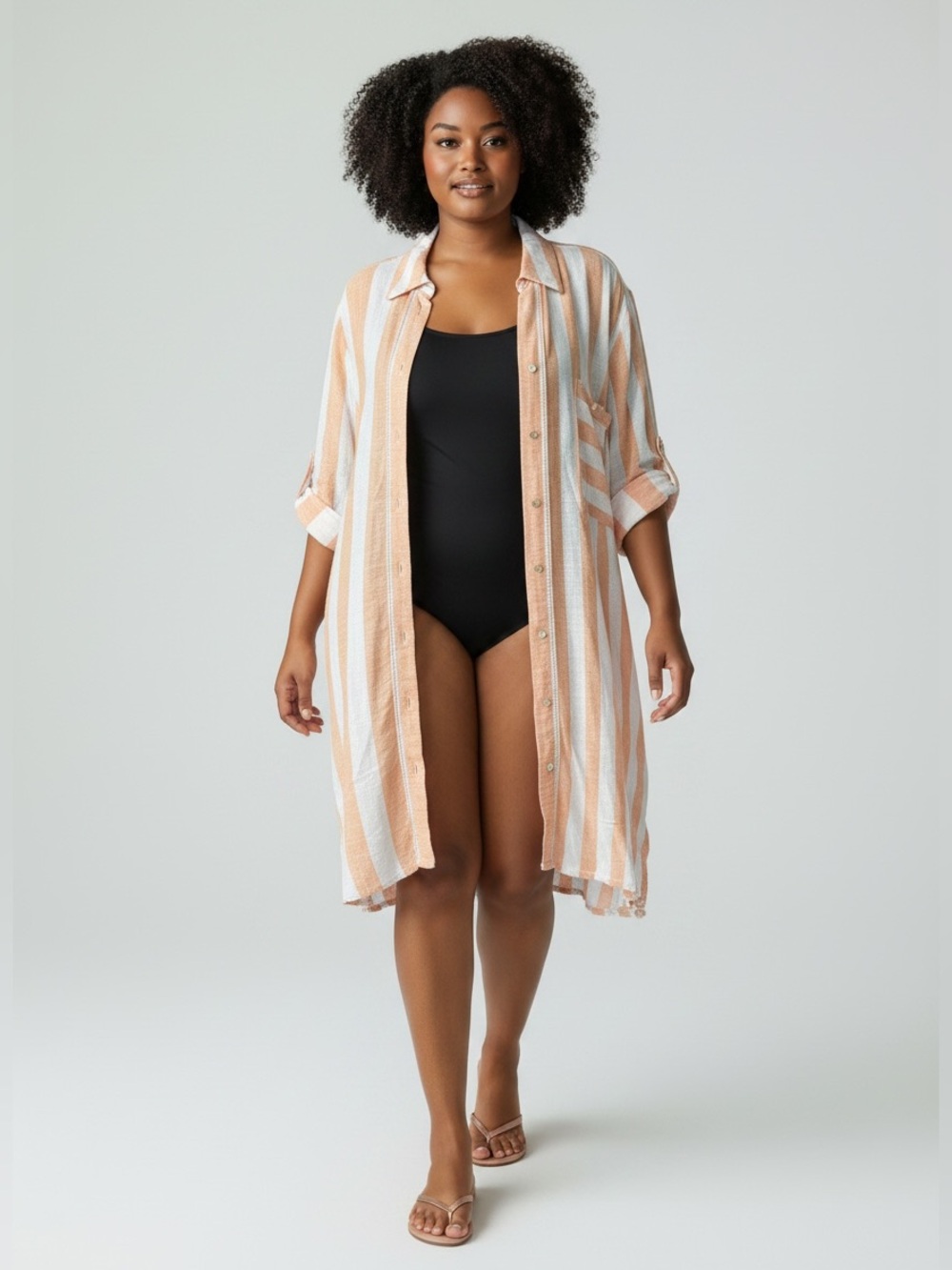 Ruby Rd. Peach & White Striped Button-Up Dress Duster Pockets NWT